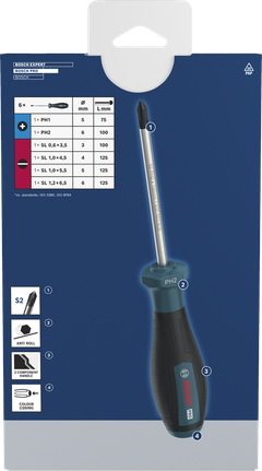 Bộ tua vít Bosch PRO PH/SL 6 chi tiết với trục S2 và tay cầm chống lăn.